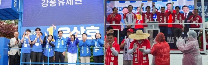 [춘천=뉴시스] 21일 더불어민주당 우상호 강원특별자치도지사 후보와 국민의힘 김진태 강원특별자치도지사 후보는 이날 춘천 출정식을 시작으로 본격적인 선거운동의 막을 올렸다. 사진은 우상호 후보측과 김진태 후보측 제공 *재판매 및 DB 금지