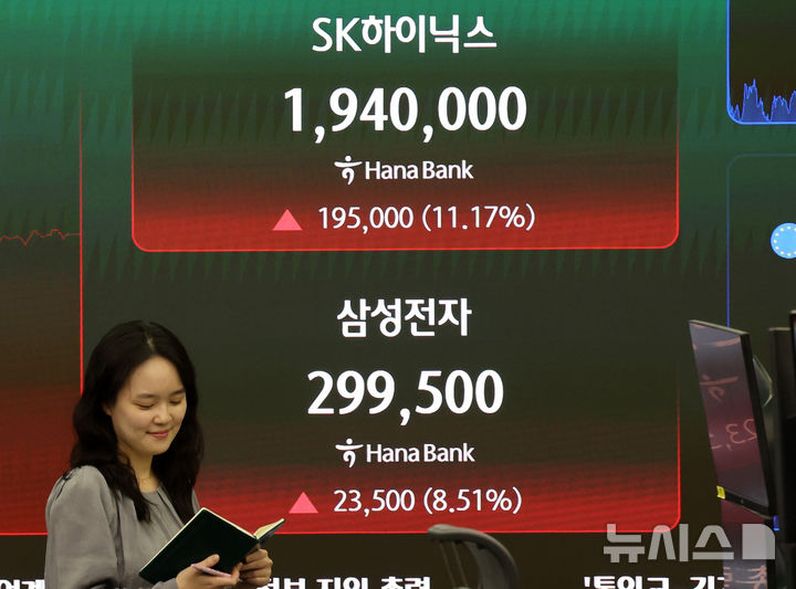 [서울=뉴시스] 배훈식 기자 = 삼성전자 노사 합의 소식에 코스피가 급등한 21일 오후 서울 중구 하나은행 딜링룸 전광판에 SK하이닉스와 삼성전자가 각각 194만 원과 29만9500원을 나타내고 있다. 2026.05.21. dahora83@newsis.com