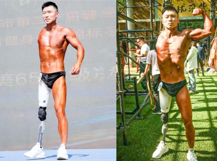 [서울=뉴시스] 교통사고로 오른팔과 오른 다리를 잃은 중국 남성이 보디빌딩 대회에 참가했다는 사연이 전해졌다. (사진출처: 더우인) *재판매 및 DB 금지