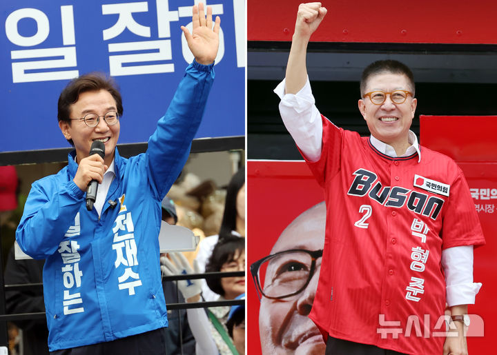  [부산=뉴시스] 하경민 기자 = 제9회 전국동시지방선거 공식 선거운동 첫날인 21일 부산시장 후보들의 유세 모습. 전재수(더불어민주당·왼쪽), 박형준(국민의힘) 후보. 2026.05.22. yulnetphoto@newsis.com 