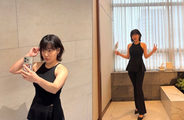 [서울=뉴시스] 이은지가 10㎏ 감량 성공 후 한층 슬림해진 실루엣과 탄탄한 올블랙 스타일링을 자랑하는 모습이다. (사진 출처=이은지 인스타그램 캡처)