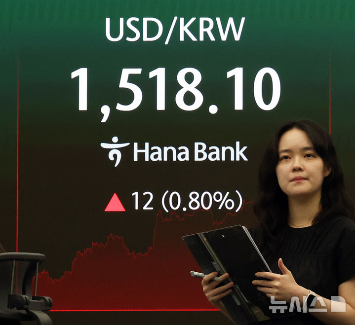 [서울=뉴시스] 최진석 기자 =  사진은 서울 외환시장에서 원·달러 환율은 전 거래일(1506.1원)보다 11.1원 오른 1517.2원에 주간 거래를 마감한 지난 22일 서울 중구 하나은행 딜링룸에 원·달러 환율 시세가 보이고 있는 모습. 2026.05.22. myjs@newsis.com
