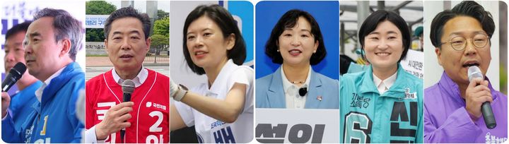 광주 광산을 국회의원 보궐선거 후보들. 왼쪽부터 더불어민주당 임문영, 국민의힘 안태욱, 조국혁신당 배수진, 진보당 전주연, 기본소득당 신지혜, 무소속 구본기 후보. (사진=각 캠프 제공) *재판매 및 DB 금지