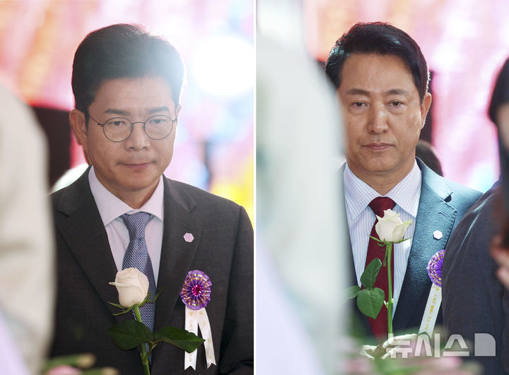 [서울=뉴시스] 최동준 기자 = 정원오(왼쪽) 더불어민주당 서울시장 후보와 오세훈 국민의힘 서울시장 후보가 24일 서울 종로구 조계사에서 열린 불기 2570년 부처님오신날 봉축법요식에서 헌화하고 있다. (청와대통신사진기자단) 2026.05.24. photocdj@newsis.com