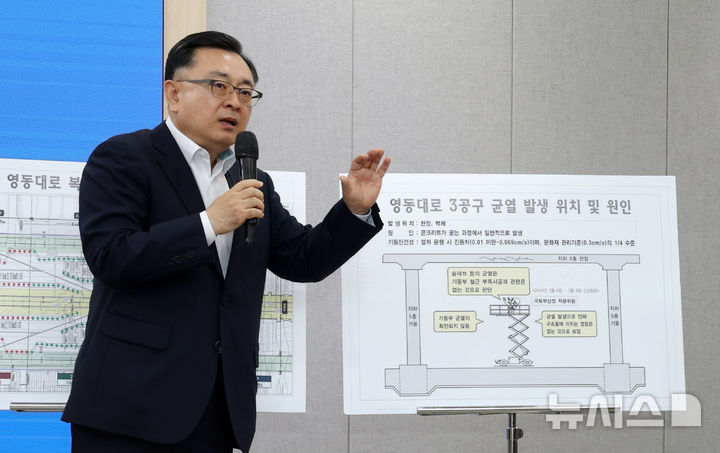 [서울=뉴시스] 전신 기자 = 김성보 서울시장 권한대행이 25일 서울시청 브리핑룸에서 영동대로 복합개발사업 건설공사 관련 서울시 입장을 발표한 뒤 취재진 질문에 답변하고 있다. 2026.05.25. photo1006@newsis.com