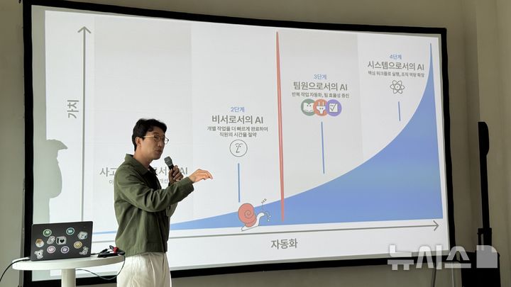 [서울=뉴시스] 윤정민 기자 = 박대성 노션 한국 지사장이 26일 오전 서울 성동구 앤더슨씨 성수에서 '노션 디벨로퍼 플랫폼' 출시 기념 밋업에서 발표하고 있다. 2026.05.26. alpaca@newsis.com