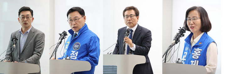 [서울=뉴시스] 서울시교육감 선거에 출마한 중도 진영 이학인 후보와 진보 진영 정근식·한만중·홍제남 후보는 26일 오전 서울시교육청에서 정견발표 기자회견을 열고 단일화에 대한 각자의 입장을 밝혔다. (사진=서울시교육청 제공) 2026.05.26. photo@newsis.com *재판매 및 DB 금지