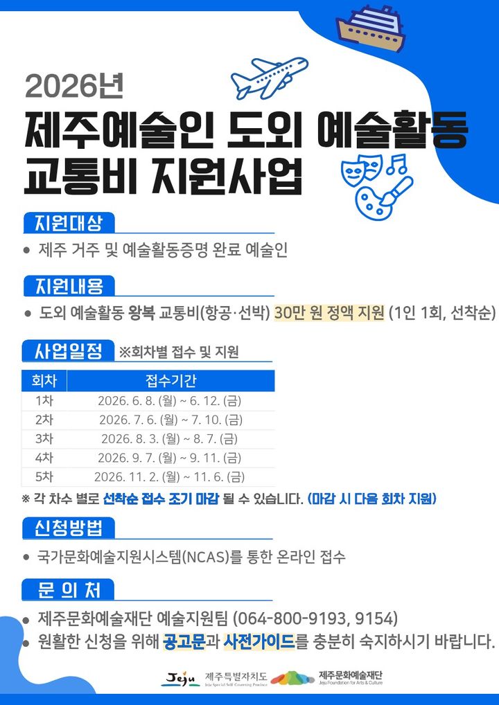 [제주=뉴시스] 제주문화예술재단 '제주 예술인 도외 예술활동 교통비 지원사업' 포스터. (사진=제주문화예술재단 제공) 2026.05.26. photo@newsis.com *재판매 및 DB 금지