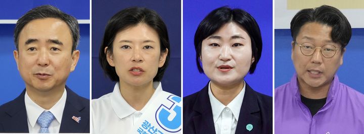[광주=뉴시스] 광주 광산을 국회의원 보궐선거 후보들이 26일 공약 발표와 후보 검증, 시국 메시지를 내놓으며 표심 경쟁에 나섰다. 왼쪽부터(기호순) 더불어민주당 임문영, 조국혁신당 배수진, 기본소득당 신지혜, 무소속 구본기. 2026.05.26. photo@newsis.com *재판매 및 DB 금지