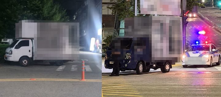[서울=뉴시스] 선거 유세 차량의 교통 법규 준수 여부를 두고 시민들의 불만이 이어지고 있다. (사진=스레드 캡처 @paprika.donut, 8282oll) *재판매 및 DB 금지