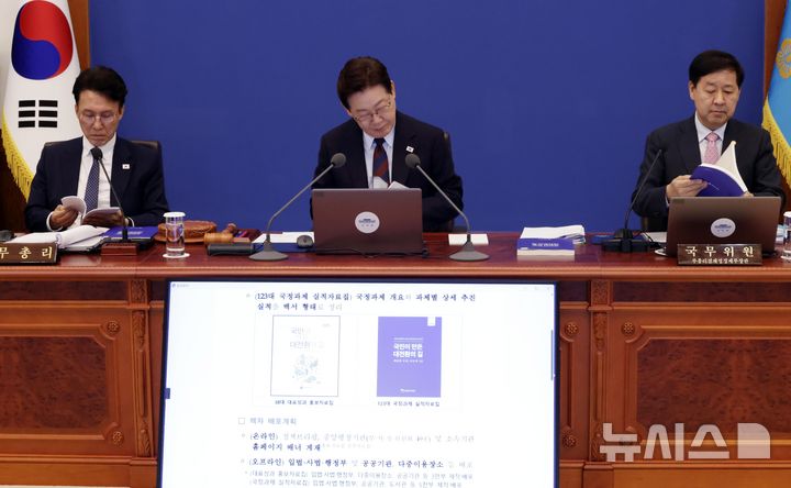 [서울=뉴시스] 최동준 기자 = 이재명 대통령이 26일 청와대에서 열린 국무회의에서 정부출범 1주년 성과자료집을 살펴보고 있다. 2026.05.26. photocdj@newsis.com