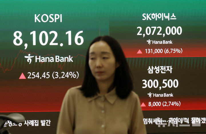 [서울=뉴시스] 조성우 기자 = 코스피가 장중 8100선을 돌파하며 사상 최고치를 경신한 26일 서울 중구 하나은행 딜링룸 전광판에 코스피 지수와 삼성전자, 하이닉스 주가가 표시되고 있다. 2026.05.26. xconfind@newsis.com