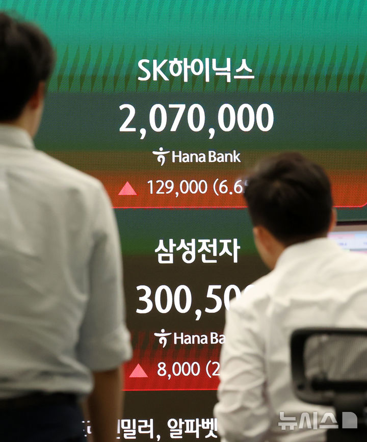 [서울=뉴시스] 조성우 기자 = 코스피가 장중 8100선을 돌파하며 사상 최고치를 경신한 26일 서울 중구 하나은행 딜링룸 전광판에 삼성전자, 하이닉스 주가가 표시되고 있다.코스피는 전 거래일(7847.71)보다 223.20포인트(2.84%) 상승한 8070.91에 개장했다. 코스닥 지수는 전 거래일(1161.13)보다 28.15포인트(2.42%) 오른 1189.28에 거래를 시작했다. 원·달러 환율은 전 거래일 주간거래 종가(1517.2원)보다 2.2원 내린 1515.0원에 출발했다. 2026.05.26. xconfind@newsis.com
