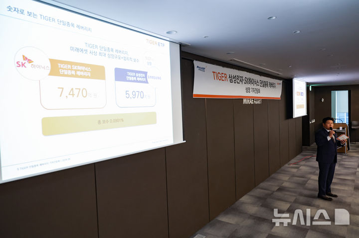 [서울=뉴시스] 황준선 기자 = 이정환 미래에셋자산운용 ETF운용부문 상무가 26일 서울 중구 미레에셋 본사에서 열린 TIGER 삼성전자·SK하이닉스 단일종복 레버리지 상장 기자간담회에서 발언하고 있다.삼성·미래에셋·한국투자·KB·신한·한화·키움·하나자산운용 등 8개 운용사는 삼성전자와 SK하이닉스를 기초자산으로 하는 단일종목 레버리지 상품 총 16종을 27일 상장한다. 2026.05.26. hwang@newsis.com