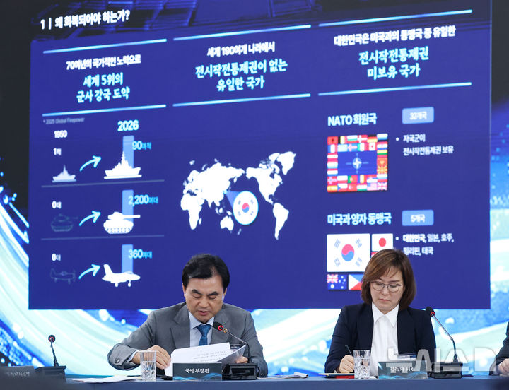 [창원=뉴시스] 고범준 기자 = 안규백 국방부 장관이 26일 경남 창원시 진해구에서 열린 '제1회 미래국방전략위원회'에서 전시작전권 조기 회복과 AI무인전투체계 군대로의 전환 안건 보고를 하고 있다. 2026.05.26. bjko@newsis.com