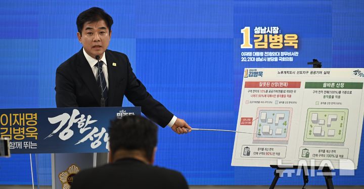 [성남=뉴시스] 더불어민주당 김병욱 성남시장 후보가 27일 성남시의회에서 기자회견을 하고 있다 (사진=김병욱 후보 선거사무실 제공) 2026.05.27.photo@newsis.com