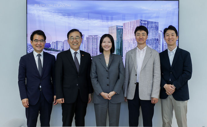 [서울=뉴시스] 27일 네이버에 따르면 김윤덕 국토교통부 장관은 이날 오후 경기 성남시 네이버 사옥 '1784'를 찾아 네이버의 로봇·디지털트윈 기술을 살펴보고 이동 로봇 상용화를 위한 기술·정책 지원 방안을 논의했다. (왼쪽부터) 남영우 국토교통부 기획조정실장, 김윤덕 국토교통부 장관, 최수연 네이버 대표, 유봉석 네이버 CRO, 윤성업 국토교통부 규제개혁법무담당관. 2026.05.27. (사진=네이버 제공) *재판매 및 DB 금지