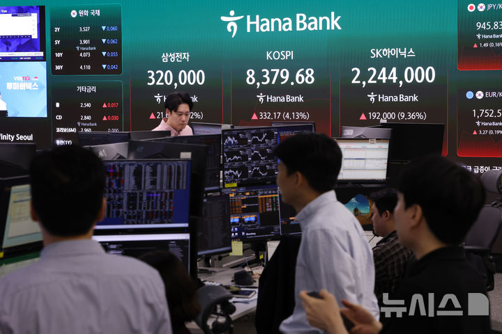 [서울=뉴시스] 김명년 기자 = 코스피가 전 거래일(8047.51)보다 194.61포인트(2.42%) 상승한 8242.12에 개장한 27일 오전 서울 중구 하나은행 딜링룸에서 딜러들이 업무를 보고 있다. 코스닥 지수는 전 거래일(1172.52)보다 1.28포인트(0.11%) 오른 1173.80에 거래를 시작했다. 원·달러 환율은 전 거래일 주간거래 종가(1504.3원)보다 2.4원 오른 1506.7원에 출발했다. 2026.05.27. kmn@newsis.com