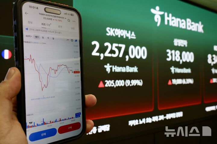 [서울=뉴시스] 김명년 기자 = 삼성전자와 SK하이닉스 단일종목 레버리지 상장지수펀드(ETF)가 27일 상장됐다. 이 상품은 삼성전자와 SK하이닉스 등락률을 각각 2배 추종한다. 투자자는 금융투자협회 금융투자교육원 홈페이지에 접속해 '한눈에 알아보는 레버리지 ETF 가이드 교육'을 이수한 뒤, 발급된 수료증 번호를 이용중인 증권사 앱에 등록해야 한다. 또 최소 조건인 기본예탁금 1000만원을 계좌에 예치해 예수금이나 주식 잔고 형태로 채워져 있어야 최종 매매가 가능하다. 사진은 이날 오전 거래되고 있는 해당 ETF 화면. 2026.05.27. kmn@newsis.com