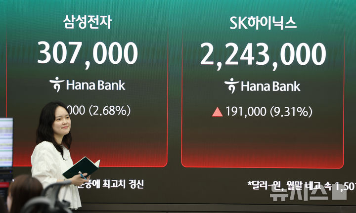 [서울=뉴시스] 김명년 기자 = 코스피가 사상 최고치인 8228.70에 장을 마친 27일 오후 서울 중구 하나은행 딜링룸 전광판에 삼성전자와 SK하이닉스 종가가 나오고 있다. 2026.05.27. kmn@newsis.com