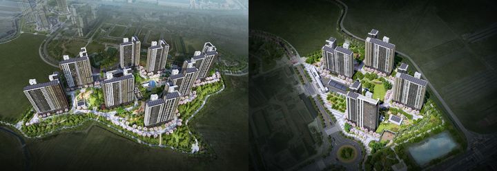 [서울=뉴시스]밀양 수자인 더퍼스트 1·2단지 조감도. 왼쪽 1단지, 오른쪽 2단지 (자료=BS한양 제공) 2026. 5. 28. *재판매 및 DB 금지