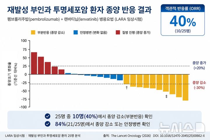 [서울=뉴시스] 재발성 부인과 투명세포함 환자 종양 반응 결과. 연구에 따르면, 치료 시작 24주 이내 객관적 반응률은 40%로 나타났으며 전체 환자의 84%에서는 종양 감소 또는 질병 안정 효과가 확인됐다. (사진= 중앙대의료원 제공)