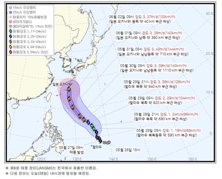 [서울=뉴시스] 제6호 태풍 '장미'가 발생해 북상하고 있는 가운데 한반도는 영향권에 들지 않을 것으로 점쳐진다. 사진은 태풍 '장미' 이동 경로 모습.(사진=기상청 제공)2026.05.28.photo@newsis.com*재판매 및 DB 금지 *재판매 및 DB 금지