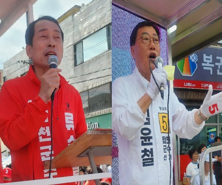 [합천=뉴시스] 서희원 기자= 28일 경남 합천 마지막 5일장을 맞아 황후시장 앞에서 국민의힘 류순철 합천군수 후보와 무소속 김윤철 후보가 마지막 장날 표심잡기에 나섰다. 2026. 05. 28. photo@newsis.com *재판매 및 DB 금지