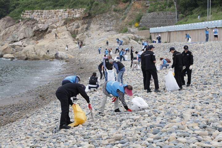 [부산=뉴시스] 28일 부산 영도구 감지해변 일대에서 민관 합동 연안 정화 활동이 진행되고 있다. (사진=부산해경 제공) 2026.05.28. photo@newsis.com *재판매 및 DB 금지