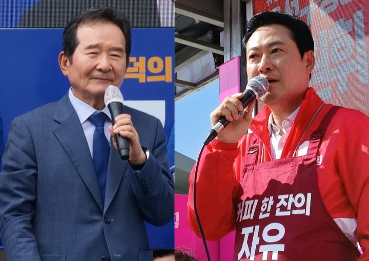 [대전=뉴시스] 조명휘 기자 = 정세균 전 국무총리와 장동혁 국민의힘 대표가 28일 각각 대전 대덕구 신탄진장과 유성고 충남대 앞에서 지원유세를 하고 있다. 2026.05.28.&nbsp; *재판매 및 DB 금지