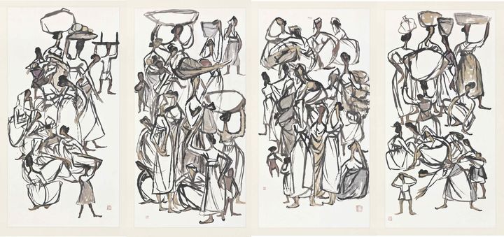 김기창, 군상, 1959, 종이에 수묵채색, 69 x 135cm(each, 4폭병풍), 27.2 x 31in. *재판매 및 DB 금지