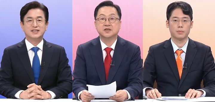 [대전=뉴시스] 조명휘 기자 = (왼쪽부터) 더불어민주당 허태정, 국민의힘 이장우, 개혁신당 강희린 6·3지방선거 대전시장 후보들이 28일 오후 대전MBC에서 방영된 선관위 주관 법정토론회에서 토론을 펼치고 있다. (사진= 대전MBC캡처) 2026.05.28. photo@newsis.com *재판매 및 DB 금지