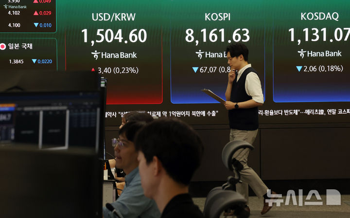 [서울=뉴시스] 조성우 기자 = 코스피가 전 거래일(8228.70)보다 62.97포인트(0.77%) 하락한 8165.73에 개장한 28일 오전 서울 중구 하나은행 딜링룸 전광판에 지수가 표시되고 있다. 2026.05.28. xconfind@newsis.com