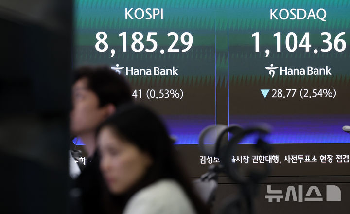 [서울=뉴시스] 조성우 기자 = 코스피가 전 거래일(8228.70)보다 43.41포인트(0.53%) 내린 8185.29에 장을 마감한 28일 오후 서울 중구 하나은행 딜링룸 전광판에 지수가 표시되고 있다.코스닥 지수는 전 거래일(1133.13)보다 28.77포인트(2.54%) 하락한 1104.36에 거래를 마쳤다. 원·달러 환율은 전 거래일(1501.2원)보다 1.6원 오른 1502.8원에 주간 거래를 마감했다. 2026.05.28. xconfind@newsis.com