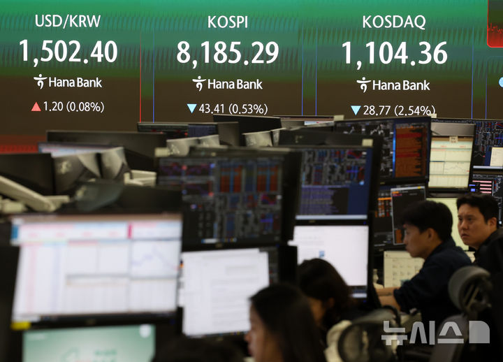 [서울=뉴시스] 조성우 기자 = 지난 28일 오후 서울 중구 하나은행 딜링룸 전광판에 지수가 표시되고 있다. 2026.05.28. xconfind@newsis.com
