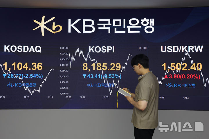 [서울=뉴시스] 고승민 기자 = 코스피가 전 거래일(8228.70)보다 43.41포인트(0.53%) 내린 8185.29에 마감한 지난 28일 서울 여의도 kb국민은행 딜링룸에서 관계자가 업무를 보고 있다. 2026.05.28. kkssmm99@newsis.com