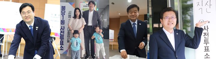[천안=뉴시스] 최영민 기자=(왼쪽부터) 이정문 국회의원, 이성진 후보 개혁신당 천안시장 후보 가족, 이병도 충남교육감 후보, 장기수 더불어민주당 천안시장 후보가 각각 29일 사전투표를 진행했다. 2026.05.29 ymchoi@newsis.com *재판매 및 DB 금지