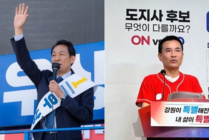 [춘천=뉴시스] 6·3선거 사전투표 첫날인 29일 더불어민주당 우상호 강원특별자치도지사 후보(사진 왼쪽)는 수부도시 춘천에서, 국민의힘 김진태 강원특별자치도지사 후보(사진 오른쪽)는 강원 제1의 경제도시 원주에서 기자회견 후 유세에 돌입하며 총력전을 폈다, 사진은 우상호 후보측과 김진태 후보측에서 각각 제공. *재판매 및 DB 금지