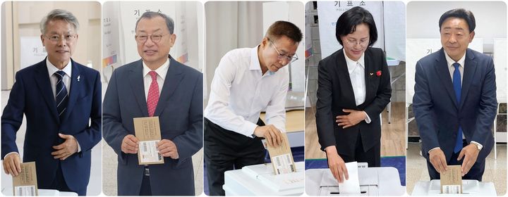 [광주=뉴시스] 송창헌 기자 = 전남광주통합특별시장 후보들이 6·3 지방선거 사전투표 첫날인 29일 오전 소중한 한표를 행사하고 있다. 왼쪽부터 민형배 더불어민주당, 이정현 국민의힘, 이종욱 진보당, 강은미 정의당, 김광만 무소속 후보. (사진=각 후보 선거사무소·페이스북 갈무리) 2026.05.29 photo@newsis.com *재판매 및 DB 금지