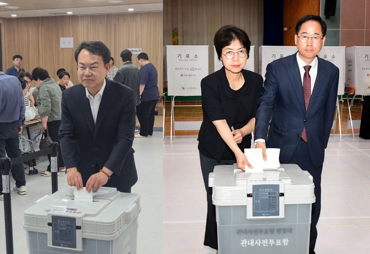 [진주=뉴시스] 민주당 갈상돈, 국힘 한경호 진주시장 후보 사전투표.2026.05.29.jkgyu@newsis.com *재판매 및 DB 금지