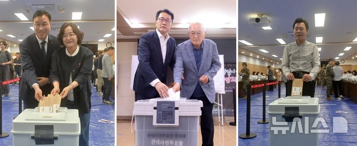 [제주=뉴시스] 우장호 기자 = 제9회 전국동시지방선거 사전투표 첫날인 29일 가족과 함께 사전투표장을 찾은 제주도지사 선거 후보들. 왼쪽부터 부인과 함께 온 더불어민주당 위성곤 후보, 아버지와 함께 온 국민의힘 문성유 후보, 무소속 양윤녕 후보. 2026.05.29. woo1223@newsis.com