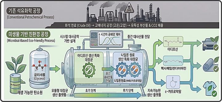 [대전=뉴시스] 카이스트(KAIST) 이상엽 특훈교수팀이 재생가능한 탄소원으로부터 미생물 세포공장을 이용해 나일론 6,6 및 나일론 6의 핵심 단량체를 생산할 수 있는 플랫폼 미생물 균주를 개발했다.나일론 6,6 및 나일론 6 단량체 생산 모식도(사진=카이스트 제공) *재판매 및 DB 금지