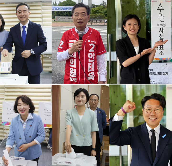 [광주=뉴시스] 박기웅 기자 = 제9회 전국동시지방선거 사전투표 첫날인 29일 광주 광산을 국회의원 보궐선거에 출마한 후보들이 투표를 하거나 거리 유세를 펼치고 있다. 왼쪽 위부터 임문영 더불어민주당 후보, 안태욱 국민의힘 후보, 배수진 조국혁신당 후보, 전주연 진보당 후보, 신지혜 기본소득당 후보, 구본기 무소속 후보. (사진 = 각 후보 측 제공)  2026.05.29 photo@newsis.com *재판매 및 DB 금지