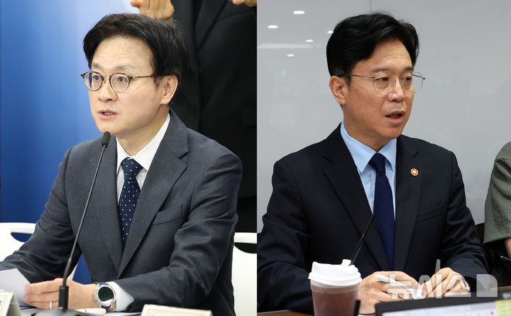 [세종=뉴시스]좌측부터 김정관 산업통상부 장관과 김영훈 고용노동부 장관의 모습.(사진=뉴시스 DB)