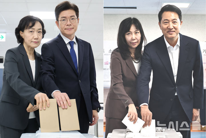 [서울=뉴시스] 황준선 김혜진 기자 = 정원오(왼쪽) 더불어민주당 서울시장 후보 내외와 오세훈 국민의힘 서울시장 후보 내외가 29일 서울 중구 소공동행정복합청사에 마련된 사전투표소와 용산구 한남동 주민센터에 마련된 사전투표소에서 각각 소중한 한표를 행사하고 있다. (사진=뉴시스DB) 2026.05.29. photo@newsis.com