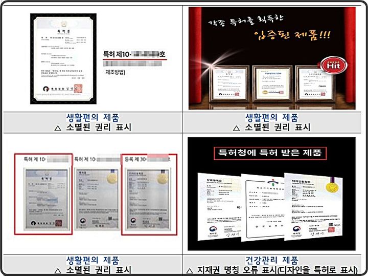 [대전=뉴시스] 지식재산처의 고령화친화제품을 대상으로 한 지식재산권 허위표시 기획조사서 적발된 위반 사례.(사진=지식재산처 제공) *재판매 및 DB 금지