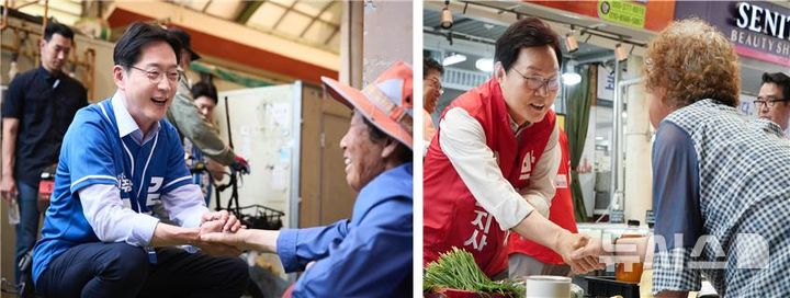 [창원=뉴시스]더불어민주당 김경수(왼쪽 사진) 경남도지사 후보와 국민의힘 박완수 경남도지사 후보가 30일 창원시 마산회원구 번개시장과 의창구 도계시장을 각각 방문해 상인들과 악수하며 지지를 호소하고 있다.(사진=각 후보 선거캠프 제공) 2026.05.30. photo@newsis.com