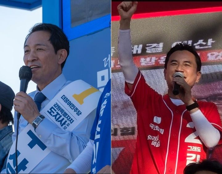 [춘천=뉴시스] 6·3지선 D-3일을 앞둔 31일 더불어민주당 우상호 강원도지사 후보(사진 왼쪽)는 고성군에서, 국민의힘 김진태 강원특별자치도지사 후보(사진 오른쪽)는 춘천과 강릉에서 영동권 표심잡기에 나선 가운데 내일 오전 두 호보 모두 홍천 유세에서 치열한 선거전을 예고하고 있다. 사진은 두 후보측 제공. *재판매 및 DB 금지