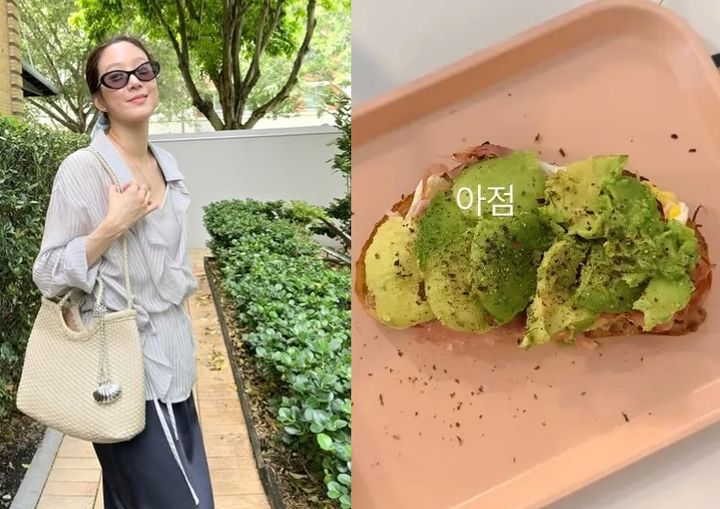 [서울=뉴시스] 지난 28일 배우 정려원(45)은 소셜미디어(SNS)에 '아점'이라는 말과 함께 음식 사진을 공유했다. 정려원은 빵 위에 아보카도, 달걀, 햄을 올려 아침 겸 점심으로 섭취했다. (사진=정려원 인스타그램 캡처)