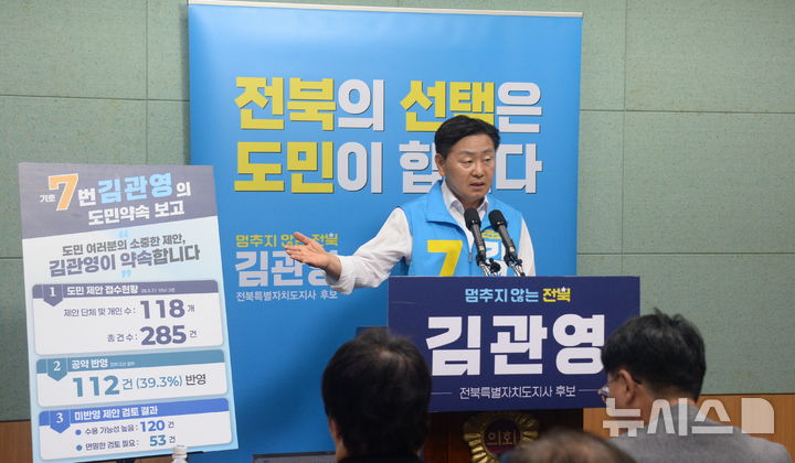 [전주=뉴시스] 김얼 기자 = 김관영(무소속) 전북특별자치도지사 후보가 1일 전북 전주시 전북특별자치도의회 기자회견장에서 공약 발표 기자회견을 열고 질의에 답변하고 있다. 2026.06.01. pmkeul@newsis.com